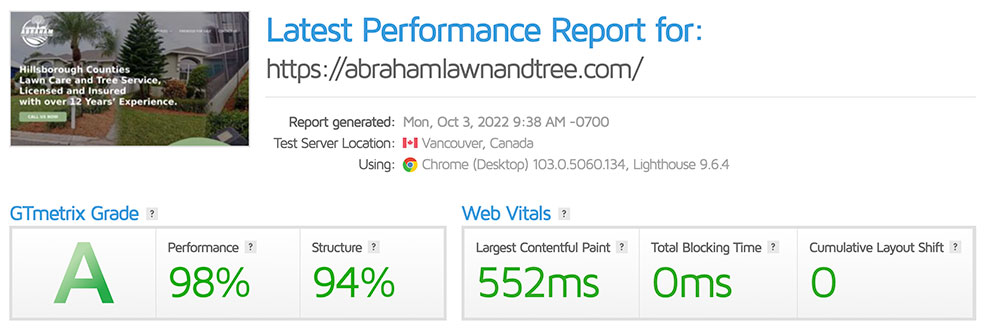 Abraham Lawn Care and Tree Service Website GTMetrix performance Rating