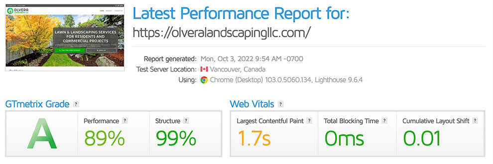 Olvera Landscaping, LLC Website GTMetrix performance Rating